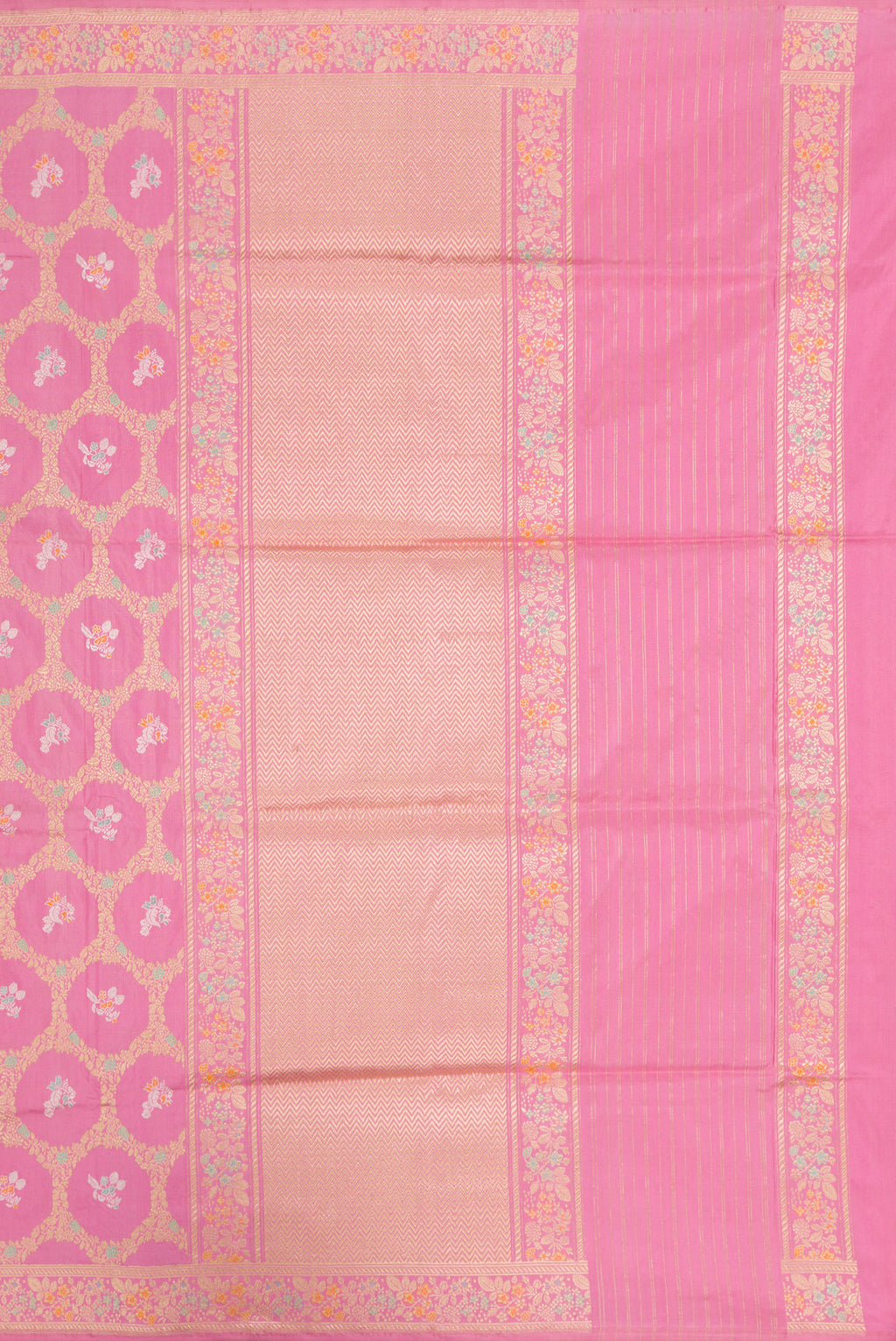 Close up image of the pallu of Pink Dual Tone Banarasi Silk Saree with Zari Butta on the body and Zari Border. 