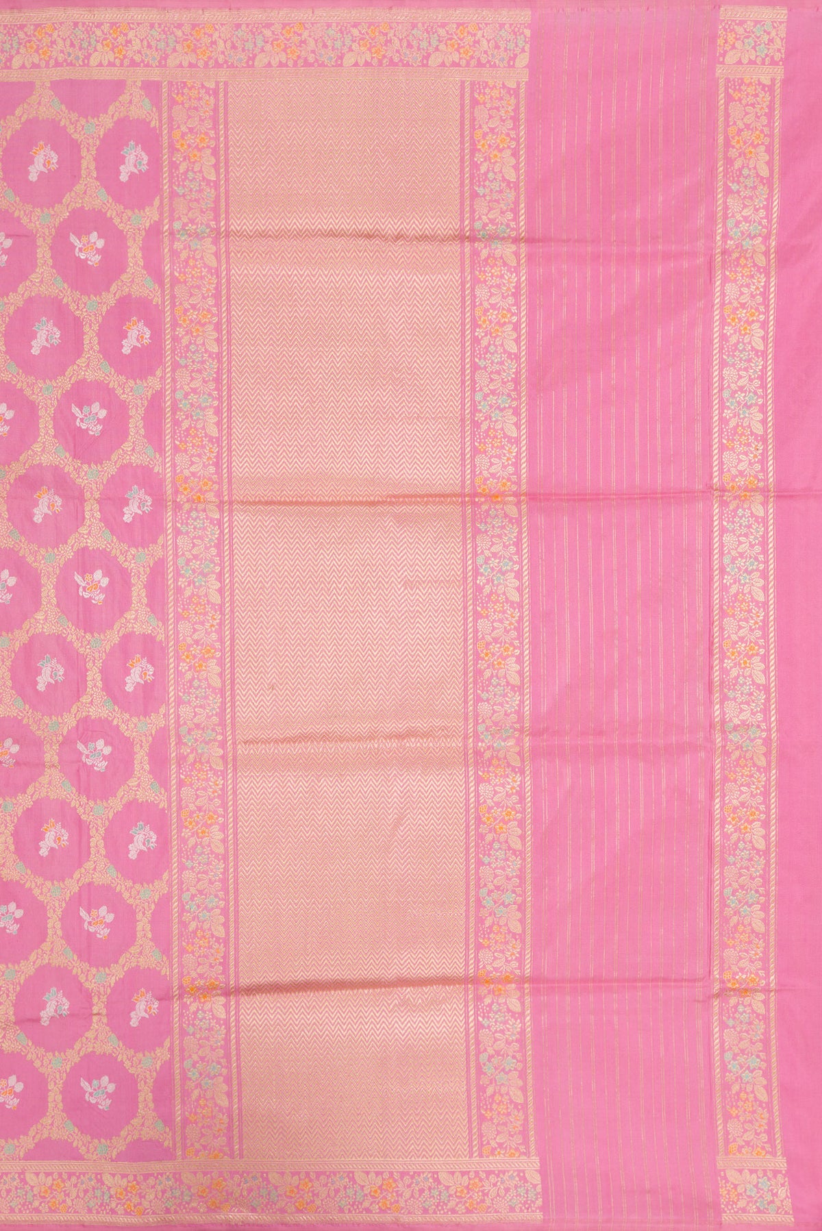 Close up image of the pallu of Pink Dual Tone Banarasi Silk Saree with Zari Butta on the body and Zari Border. 