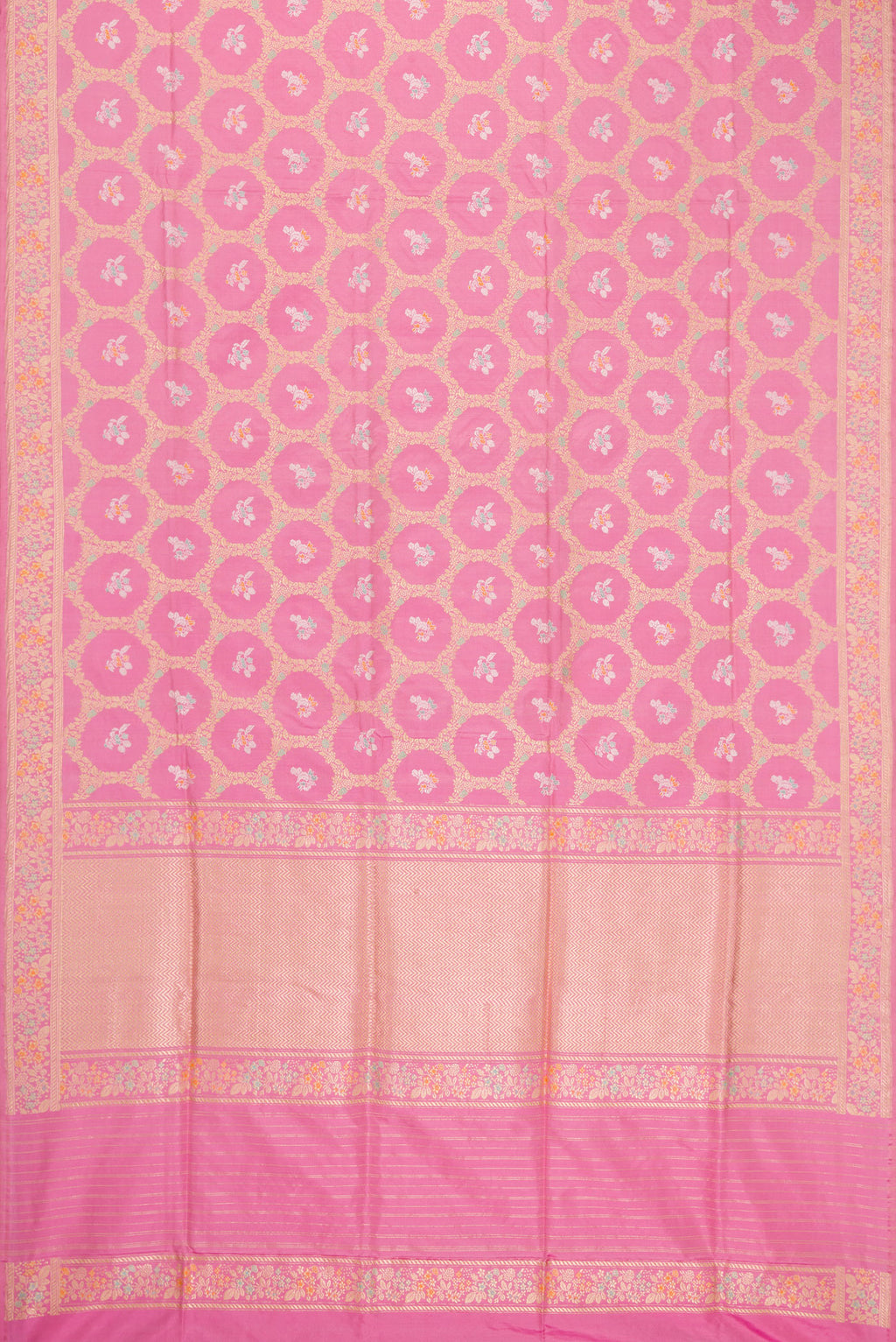 Flat view of Pink Dual Tone Banarasi Silk Saree with Zari Butta on the body and Zari Border. 