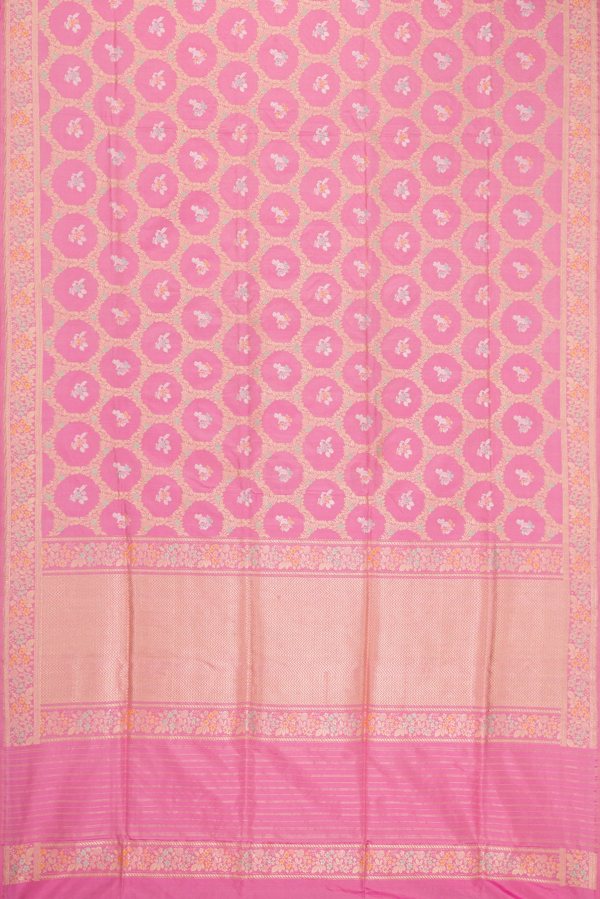 Flat view of Pink Dual Tone Banarasi Silk Saree with Zari Butta on the body and Zari Border. 