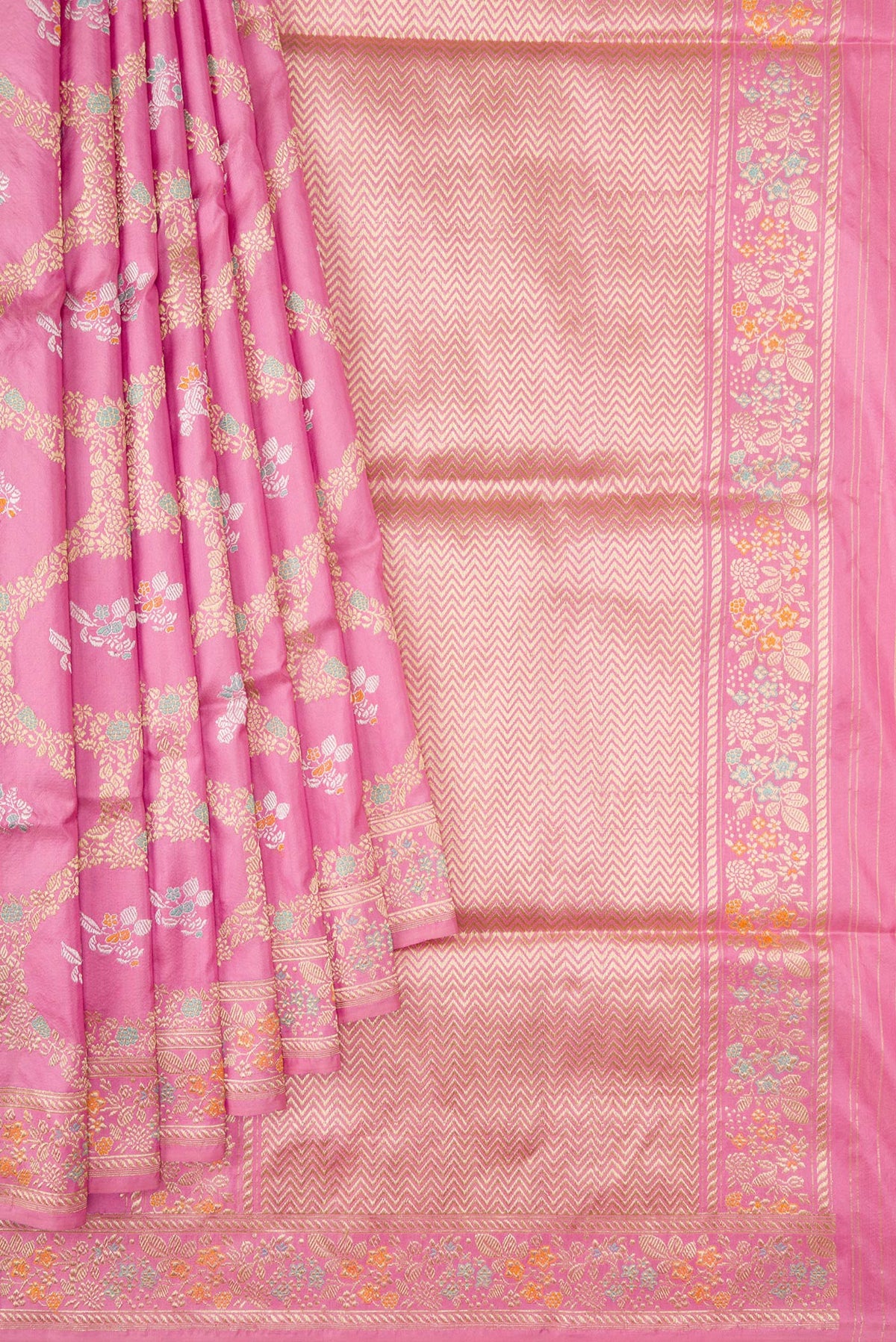 Pleats and pallu of Pink Dual Tone Banarasi Silk Saree with Zari Butta on the body and Zari Border. 