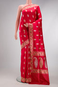 Dark Pink Dual Tone Banarasi Silk Saree with Zari Butta on the body and Zari Border.  displayed on a mannequin