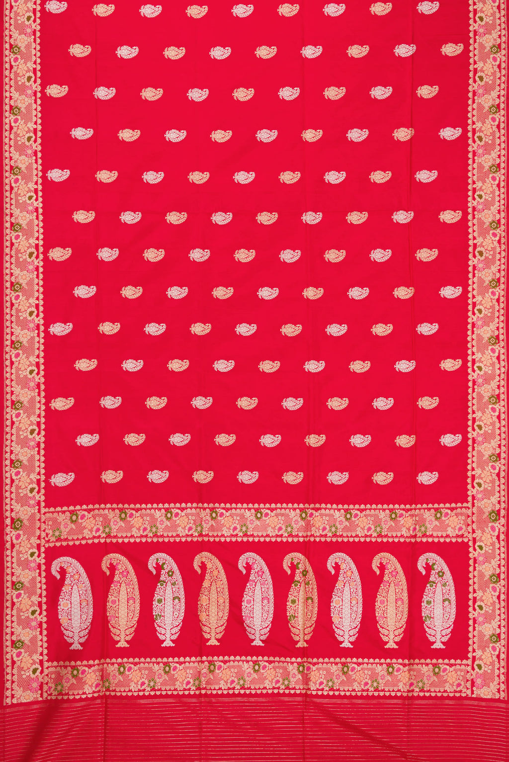 Flat view of Dark Pink Dual Tone Banarasi Silk Saree with Zari Butta on the body and Zari Border. 