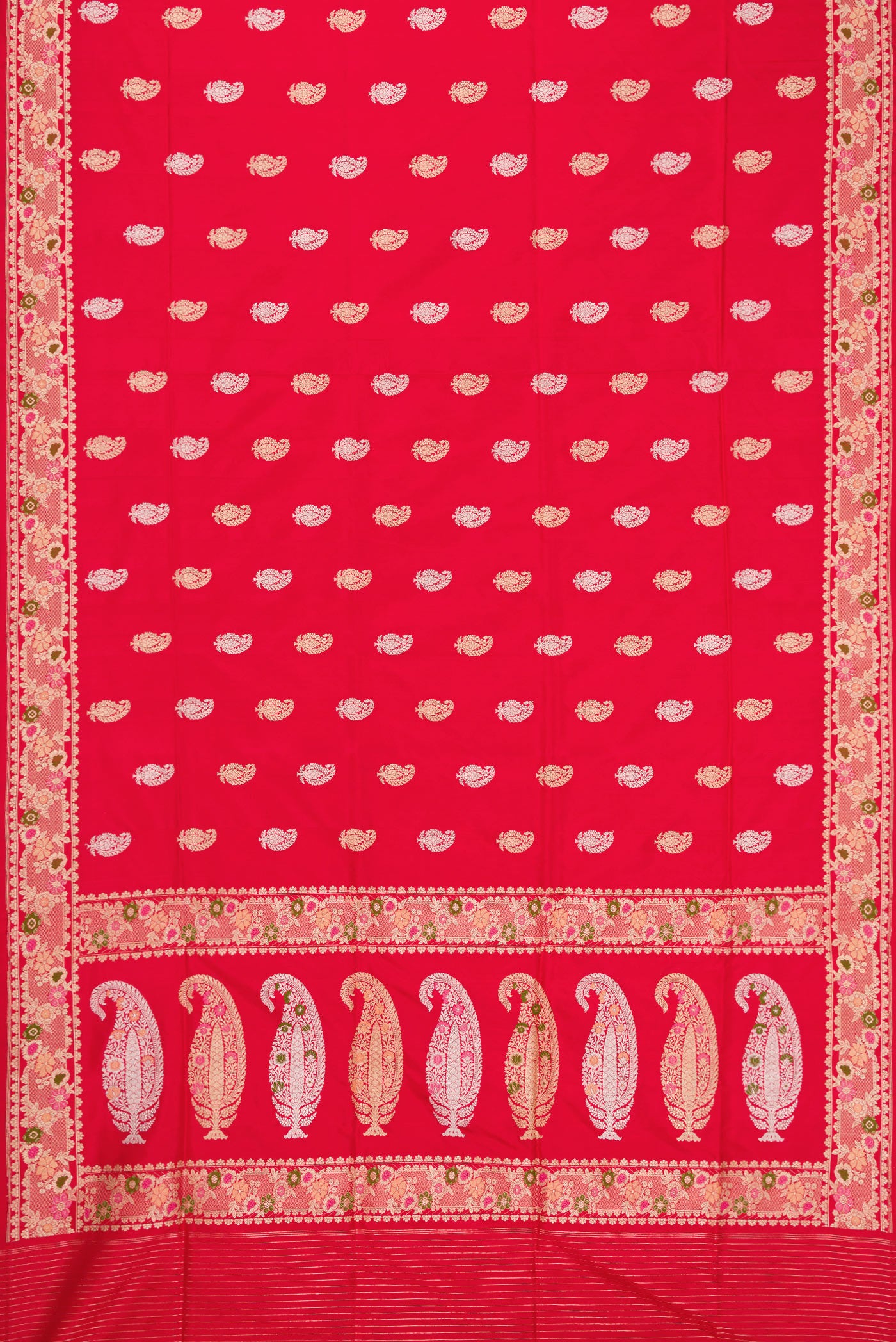 Flat view of Dark Pink Dual Tone Banarasi Silk Saree with Zari Butta on the body and Zari Border. 