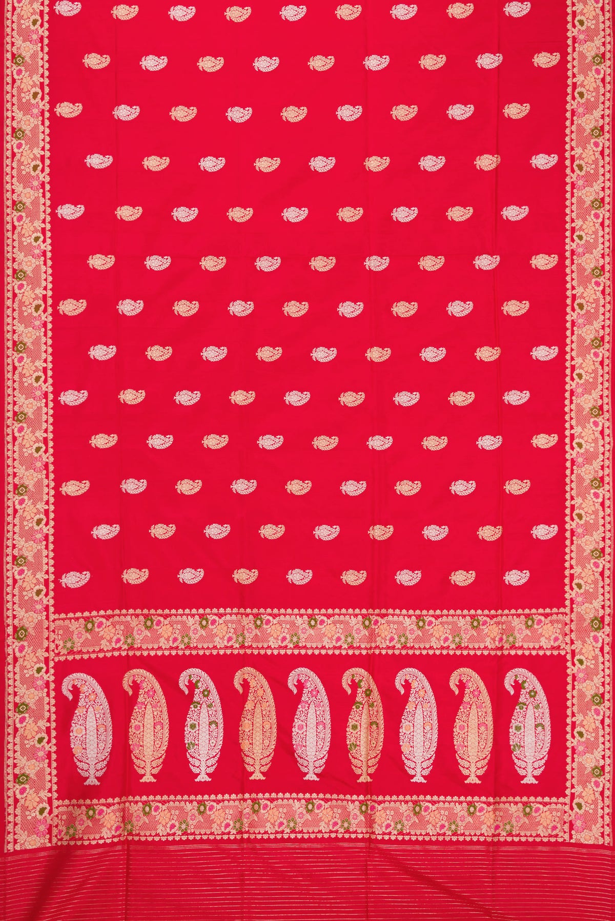 Flat view of Dark Pink Dual Tone Banarasi Silk Saree with Zari Butta on the body and Zari Border. 