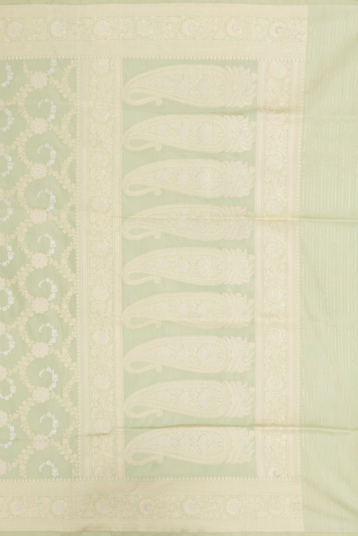 Close up image of the pallu of Pista Green Dual Tone Banarasi Silk Saree with Zari Brocade on the body and Zari Border. 