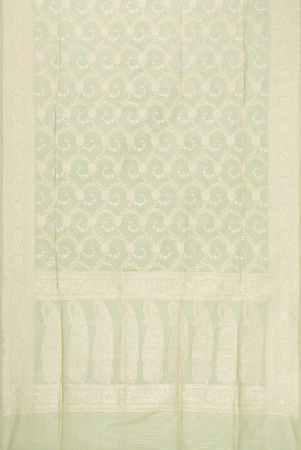 Flat view of Pista Green Dual Tone Banarasi Silk Saree with Zari Brocade on the body and Zari Border. 