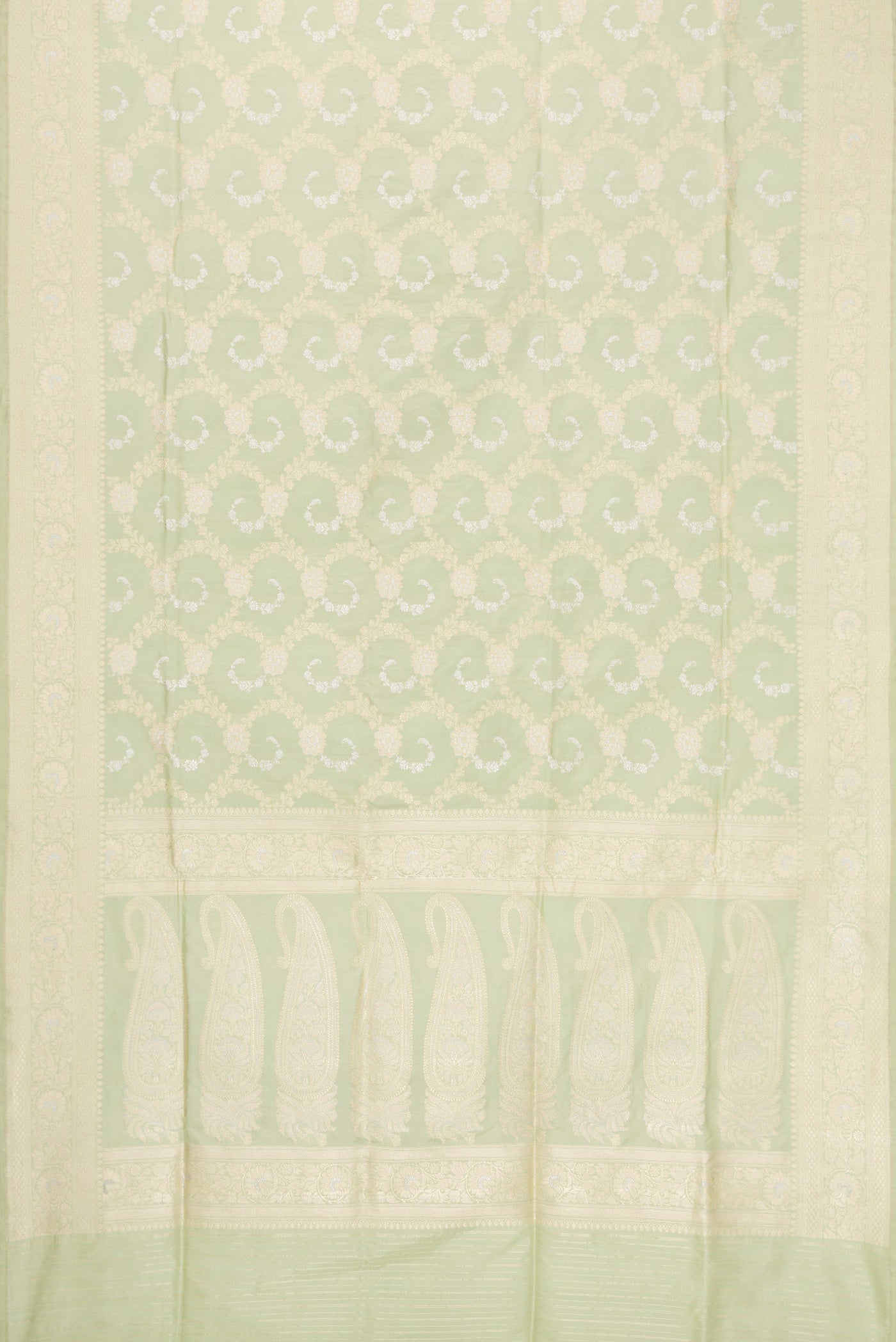 Flat view of Pista Green Dual Tone Banarasi Silk Saree with Zari Brocade on the body and Zari Border. 