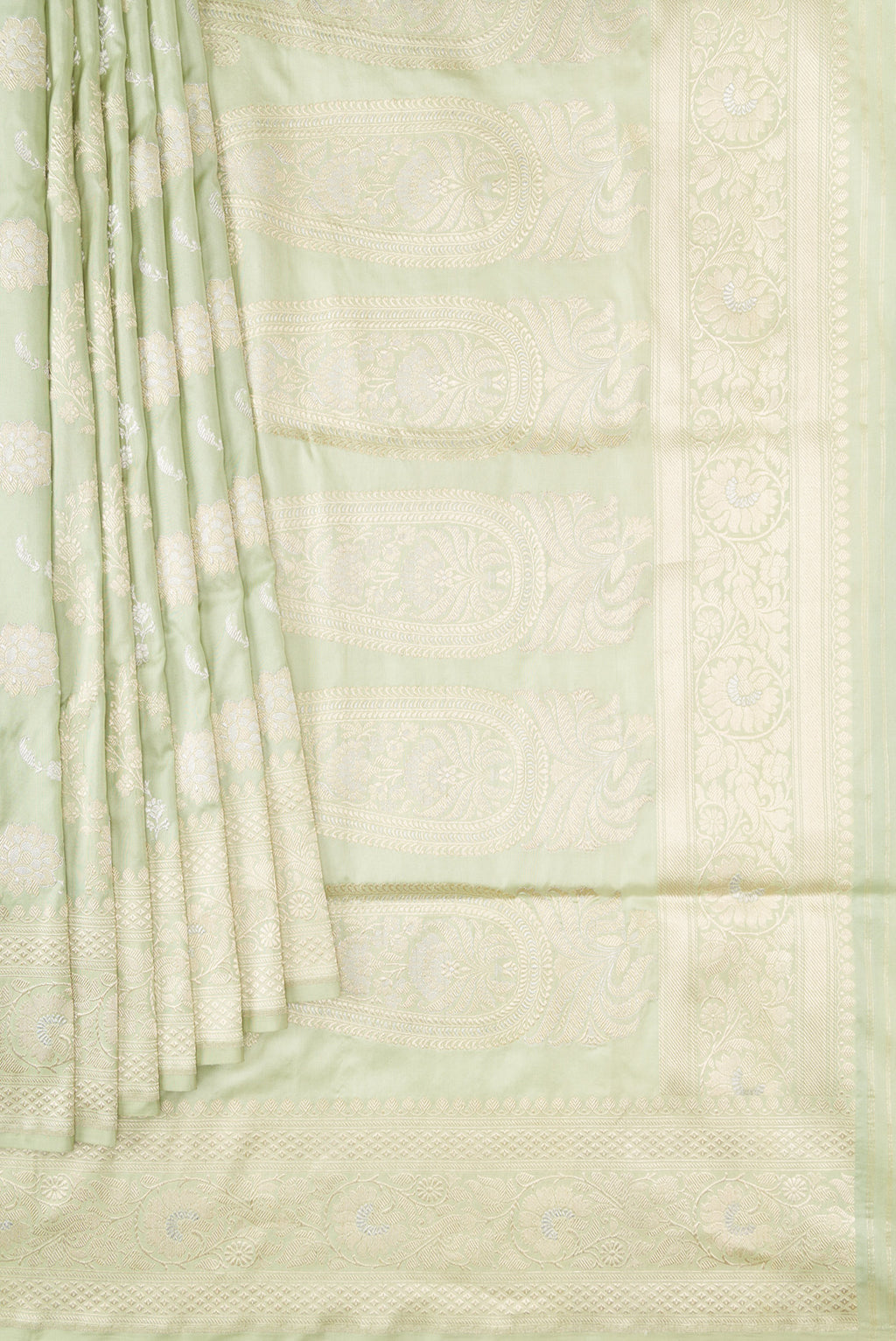 Pleats and pallu of Pista Green Dual Tone Banarasi Silk Saree with Zari Brocade on the body and Zari Border. 