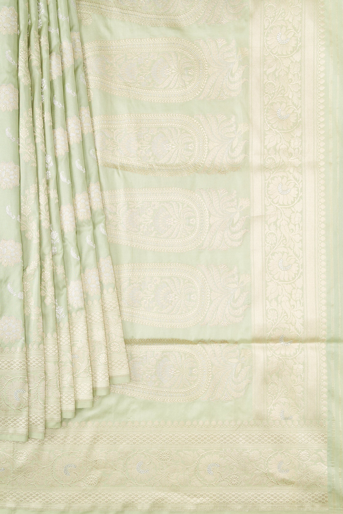 Pleats and pallu of Pista Green Dual Tone Banarasi Silk Saree with Zari Brocade on the body and Zari Border. 