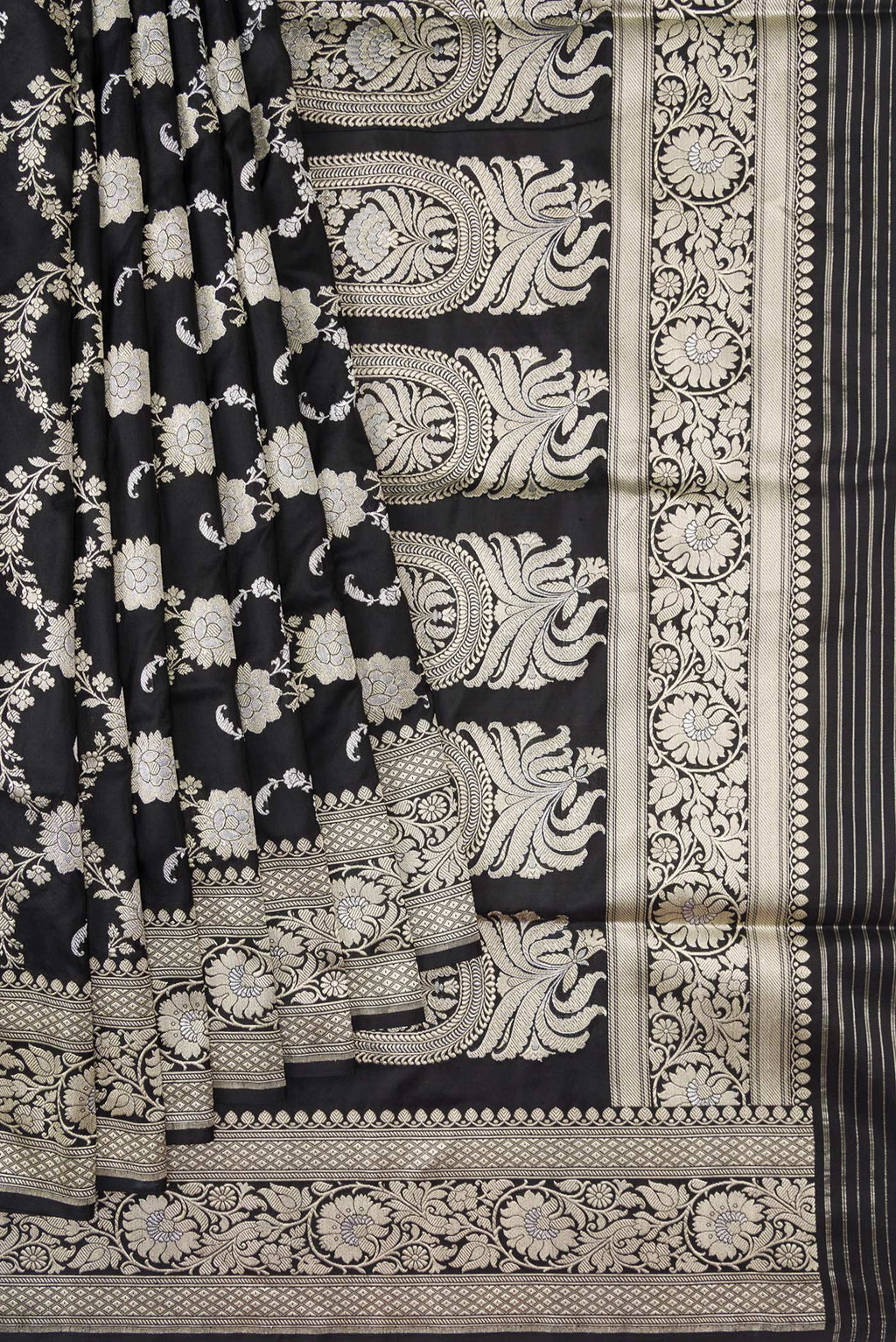 Pleats and pallu of Black Dual Tone Banarasi Silk Saree with Zari Butta on the body and Zari Border. 