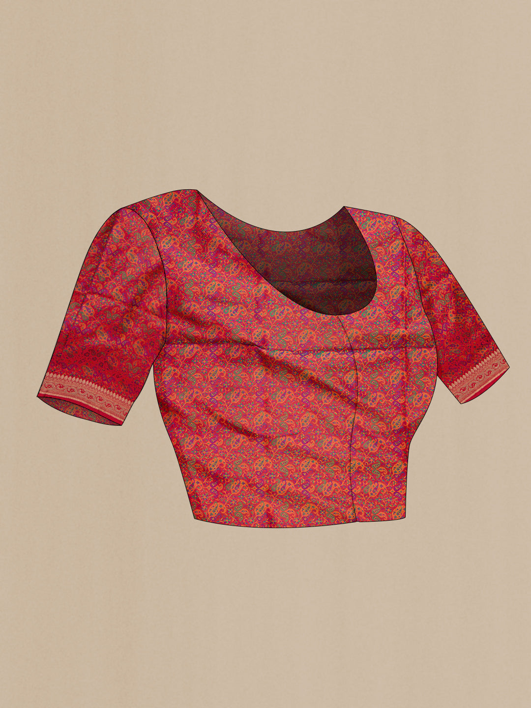 Close up image of the blouse of Red Dual Tone Banarasi Silk Saree with Zari Butta on the body and Zari Border. 