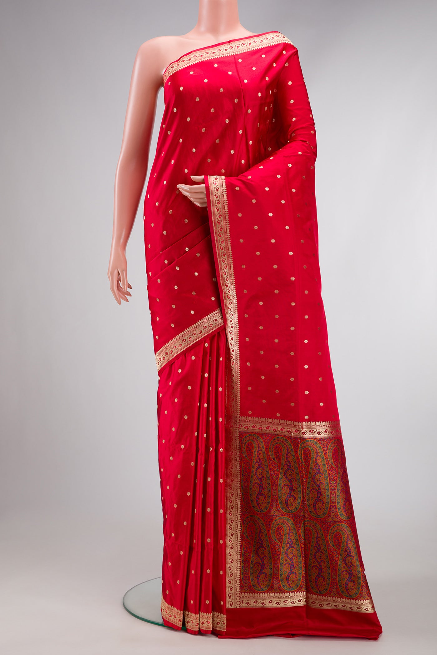 Red Dual Tone Banarasi Silk Saree with Zari Butta on the body and Zari Border.  displayed on a mannequin