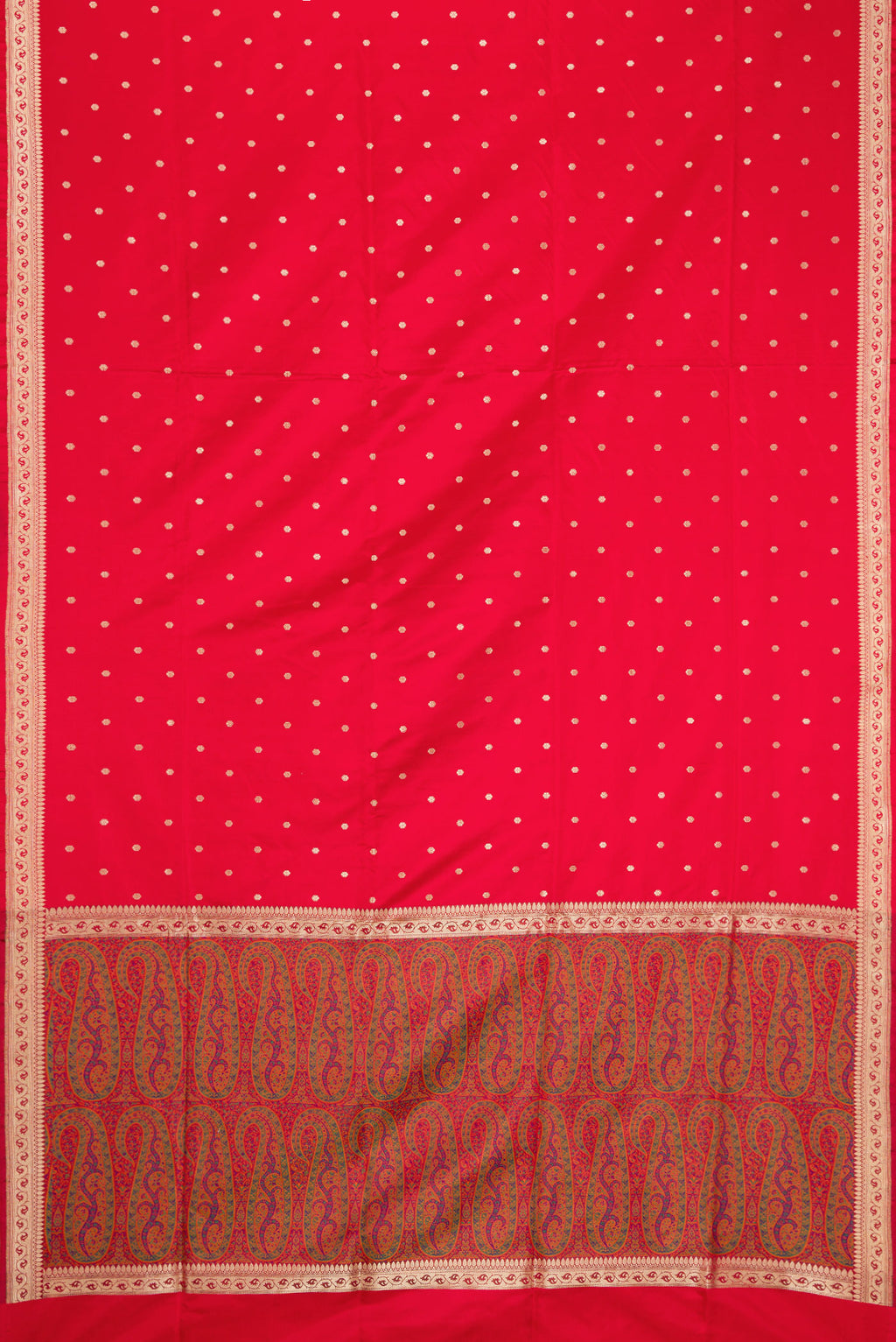 Flat view of Red Dual Tone Banarasi Silk Saree with Zari Butta on the body and Zari Border. 