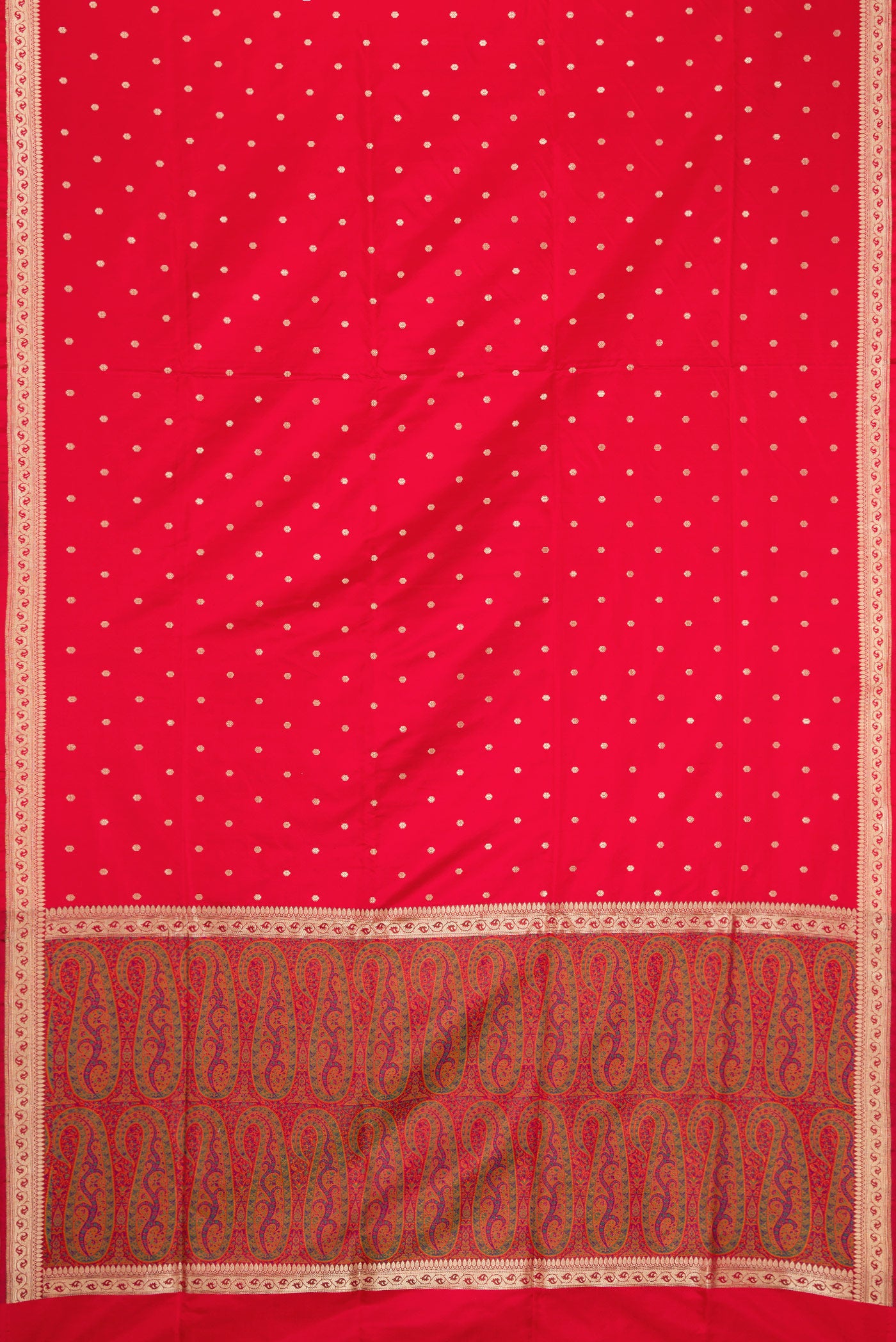 Flat view of Red Dual Tone Banarasi Silk Saree with Zari Butta on the body and Zari Border. 