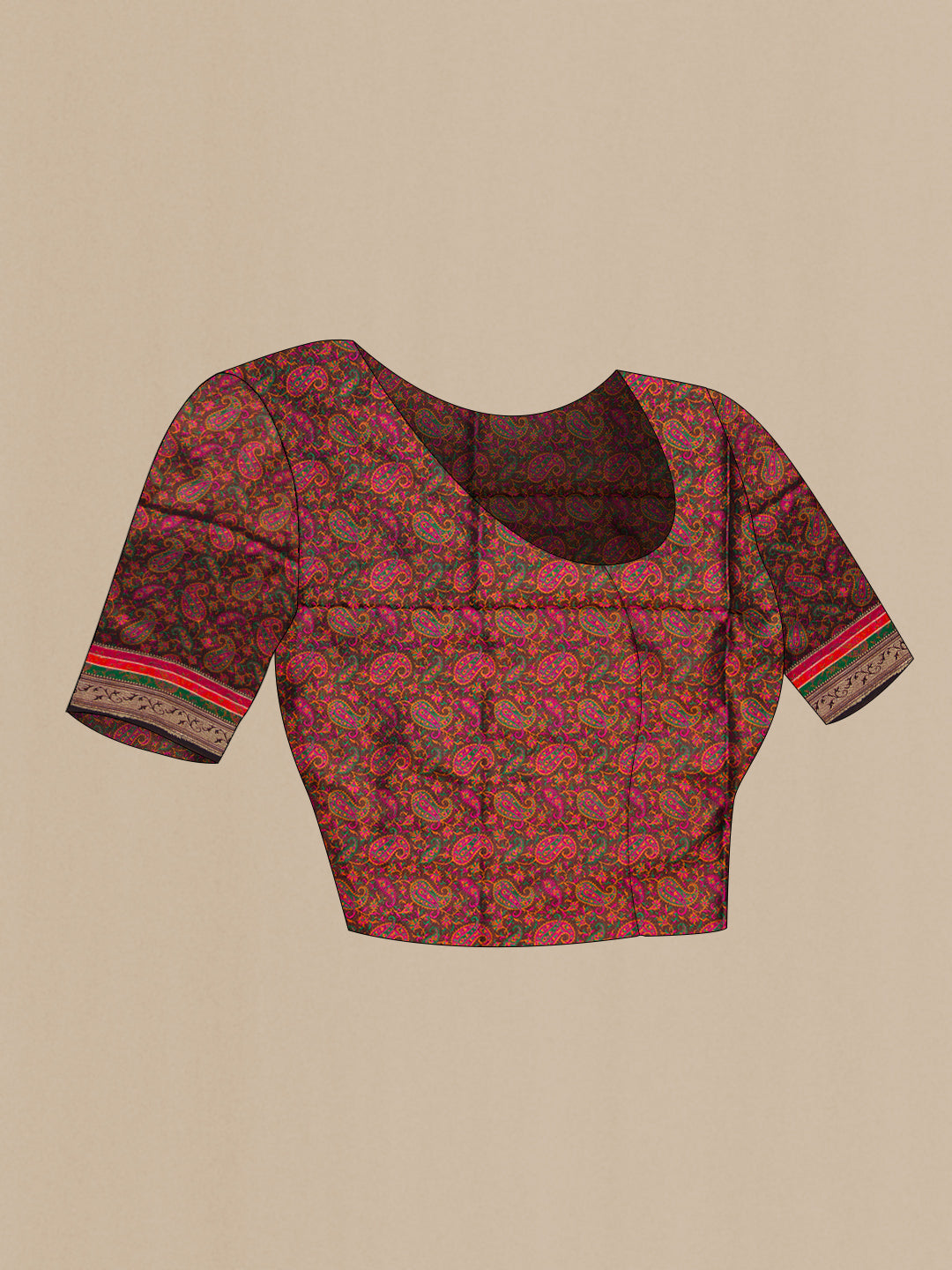 Close up image of the blouse of Black Banarasi Silk Saree with Plain Body and Zari Border. 