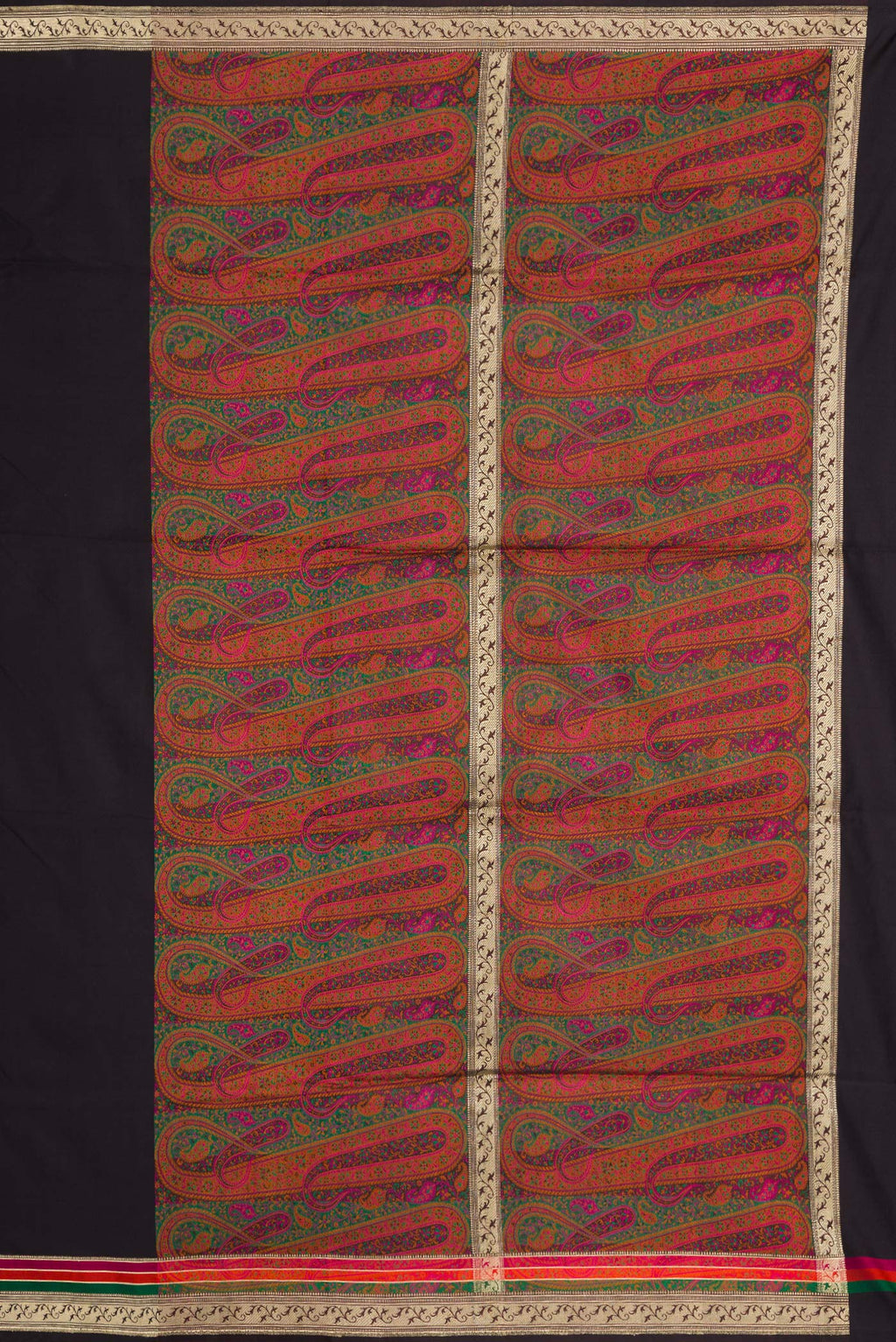 Close up image of the pallu of Black Banarasi Silk Saree with Plain Body and Zari Border. 