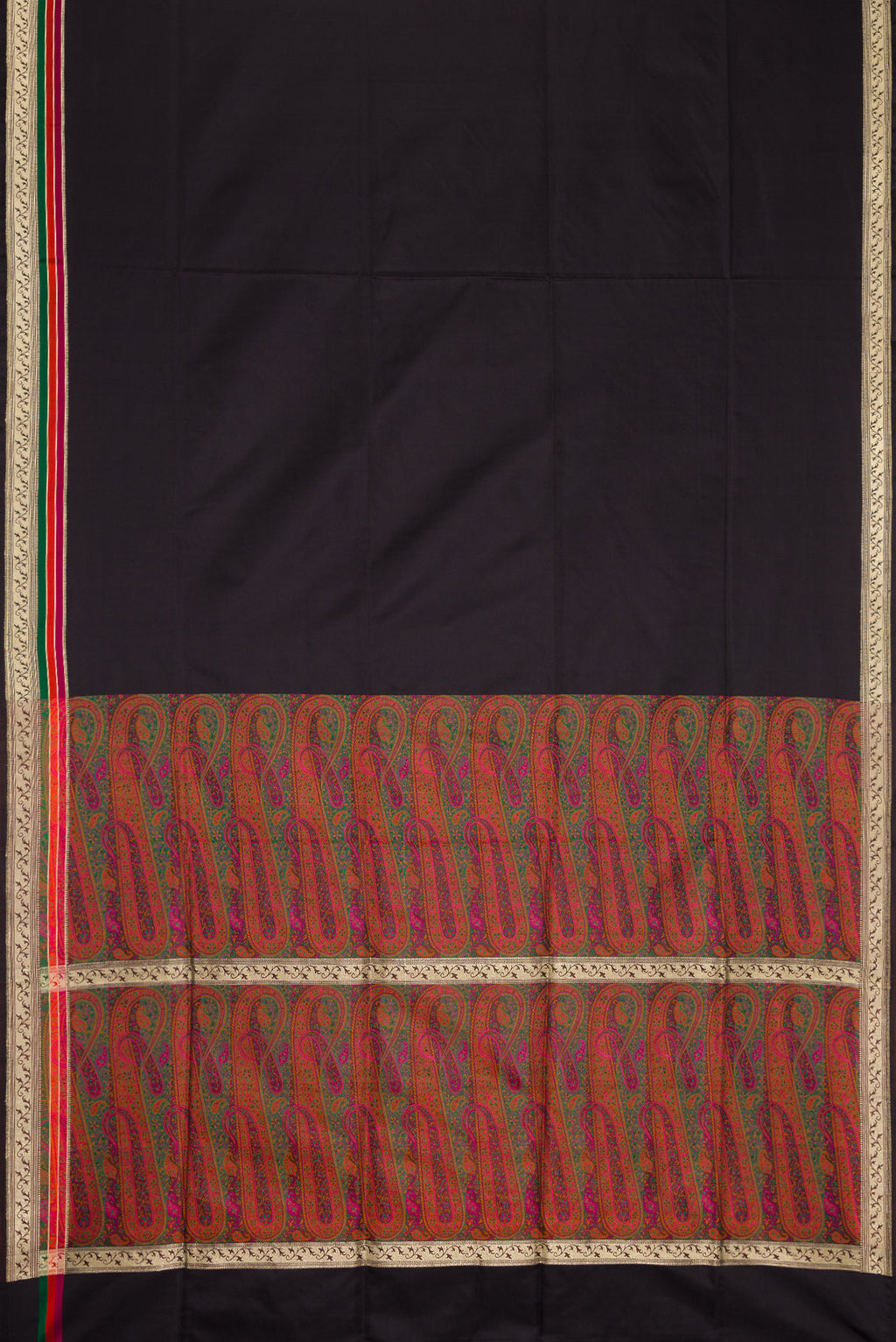 Flat view of Black Banarasi Silk Saree with Plain Body and Zari Border. 