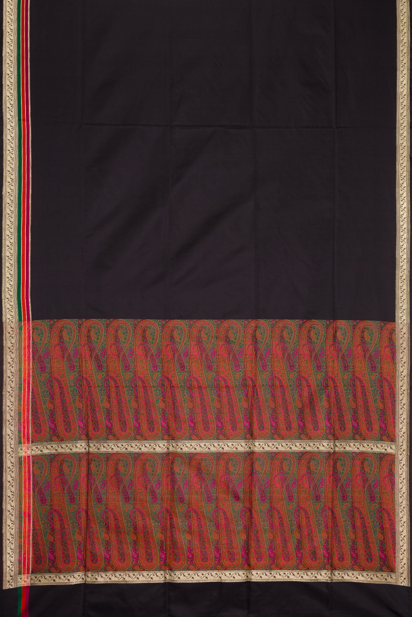 Flat view of Black Banarasi Silk Saree with Plain Body and Zari Border. 