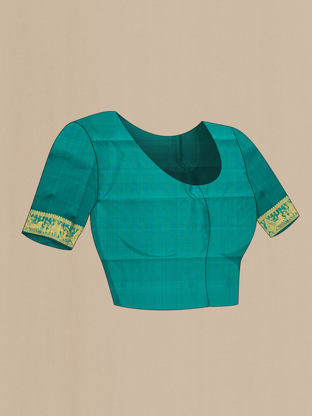Close up image of the blouse of Teal Kanjivaram Silk Saree with Zari Butta on the body and Zari Border. 