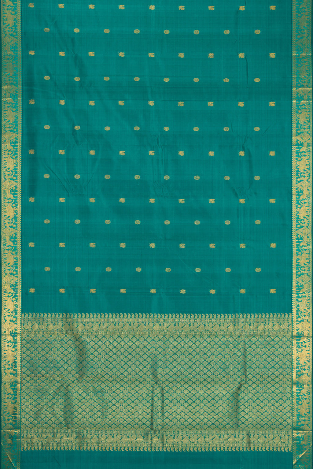 Flat view of Teal Kanjivaram Silk Saree with Zari Butta on the body and Zari Border. 