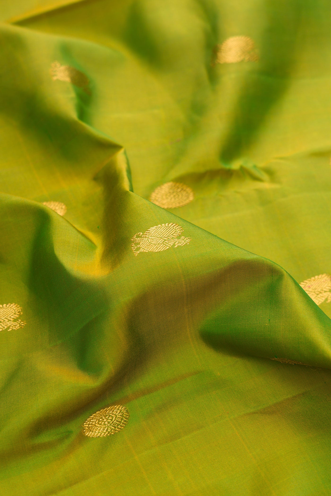 Close up of Green Dual Tone Kanjivaram Silk Saree with Zari Butta on the body and Zari Border.  displaying folds