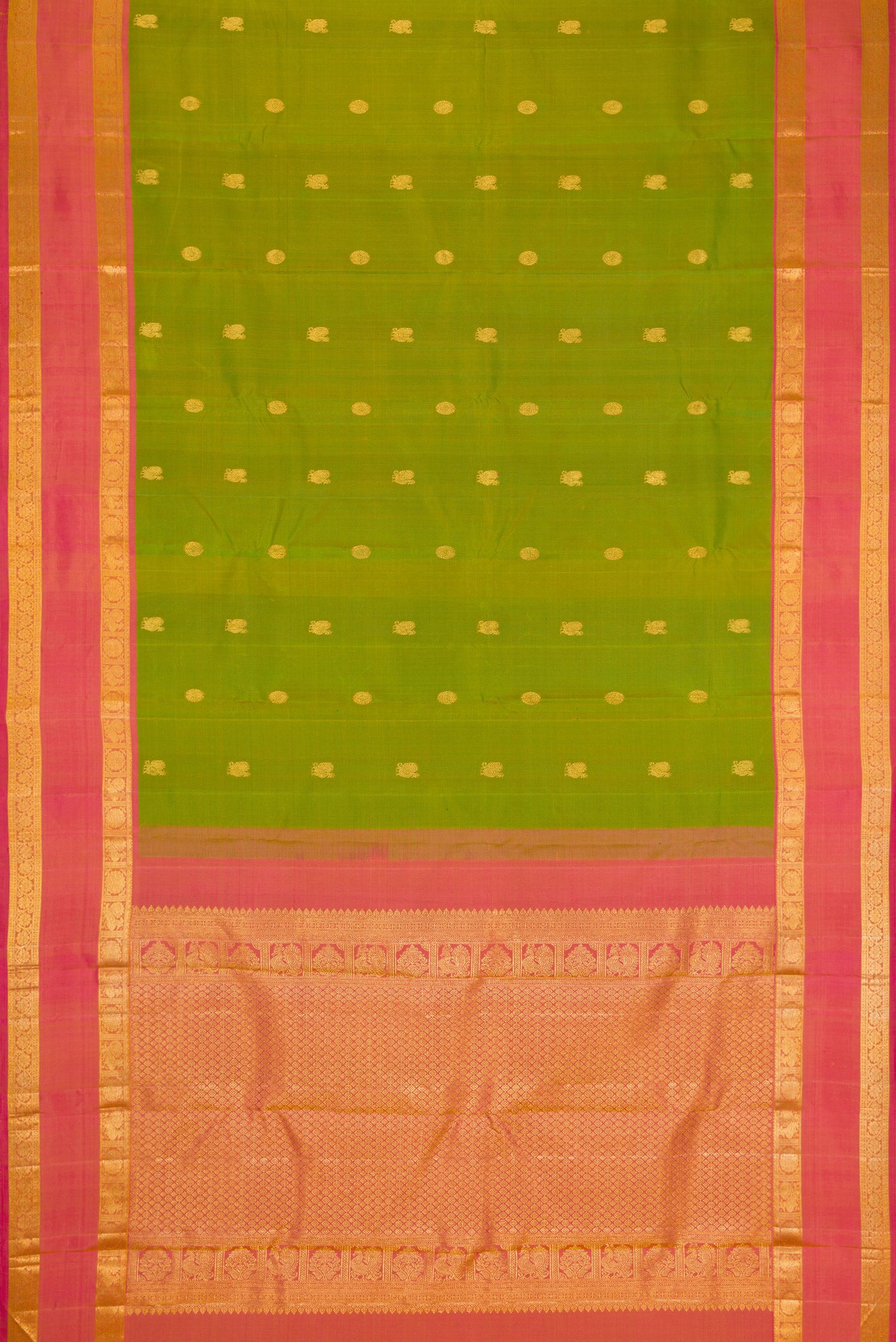Flat view of Green Dual Tone Kanjivaram Silk Saree with Zari Butta on the body and Zari Border. 