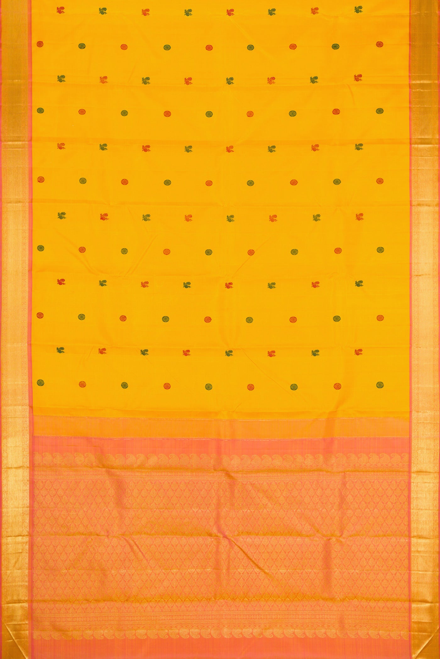 Flat view of Yellow Kanjivaram Silk Saree with Thread Butta on the body and Zari Border. 