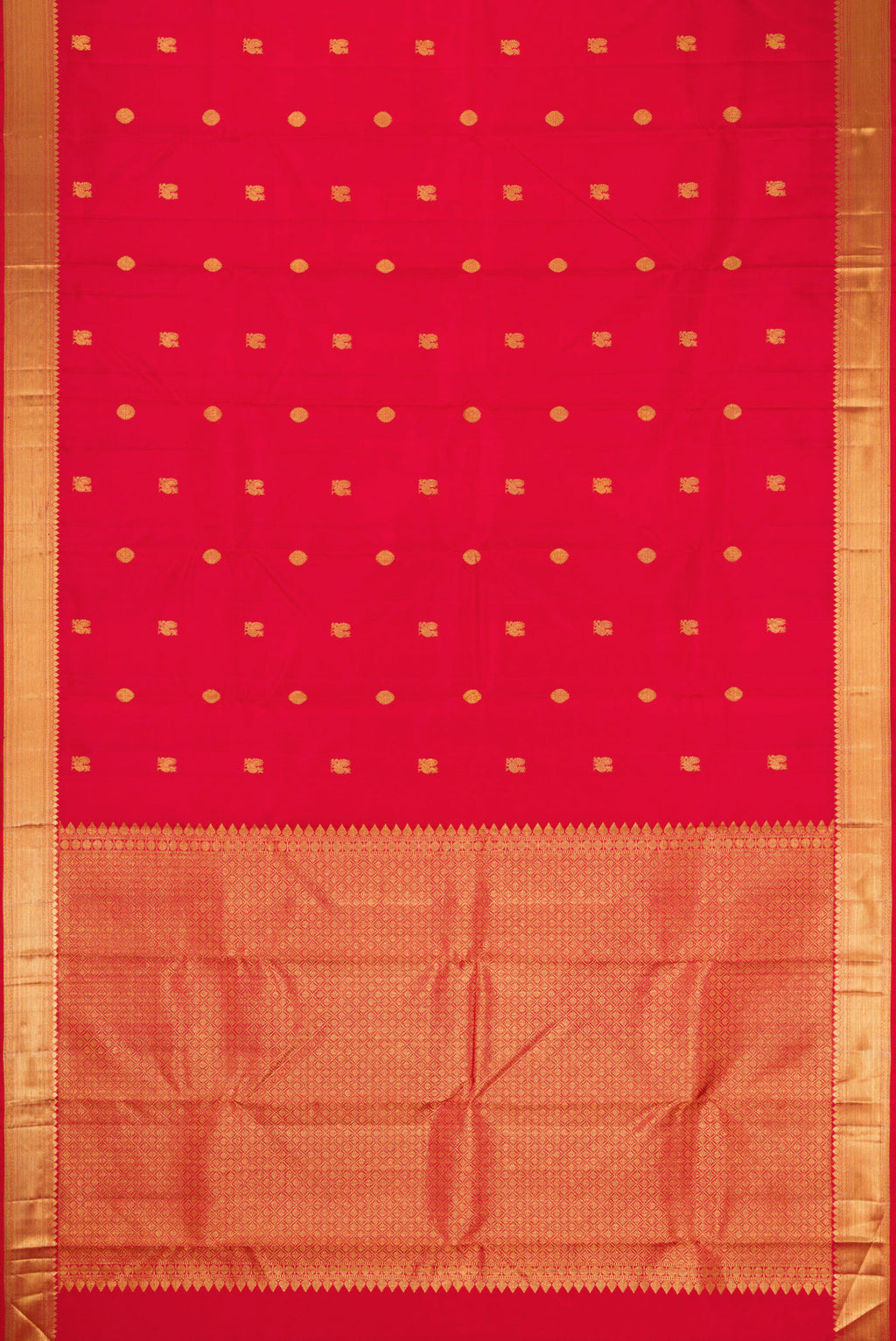 Flat view of Red Kanjivaram Silk Saree with Zari Butta on the body and Zari Border. 
