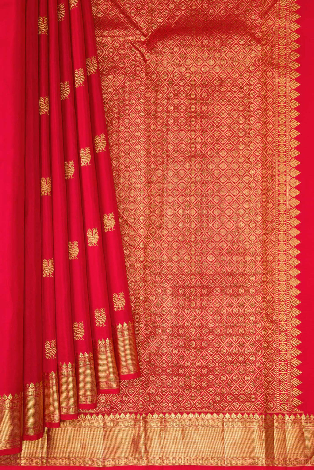 Pleats and pallu of Red Kanjivaram Silk Saree with Zari Butta on the body and Zari Border. 
