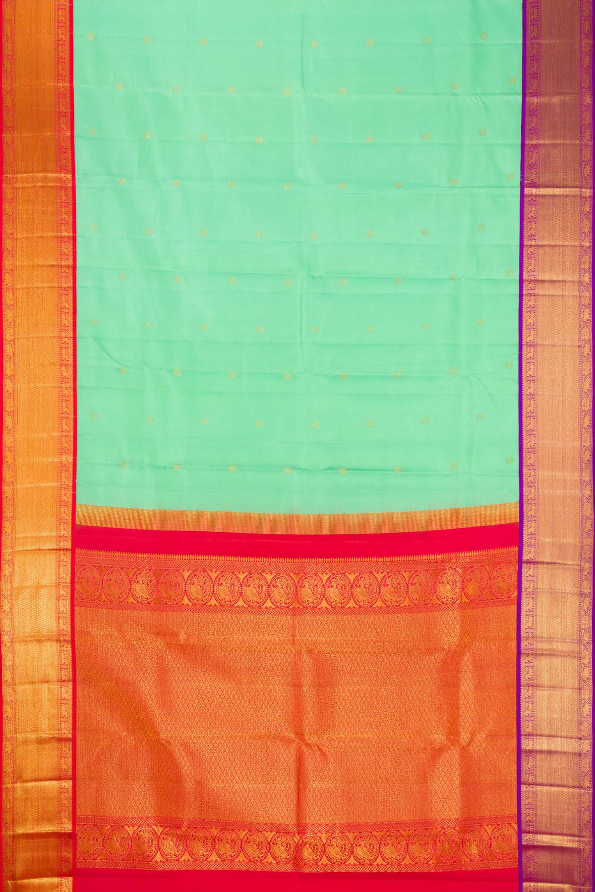 Flat view of Sea Green Kanjivaram Silk Saree with Zari Butta on the body and Ganga Jamuna Border. 