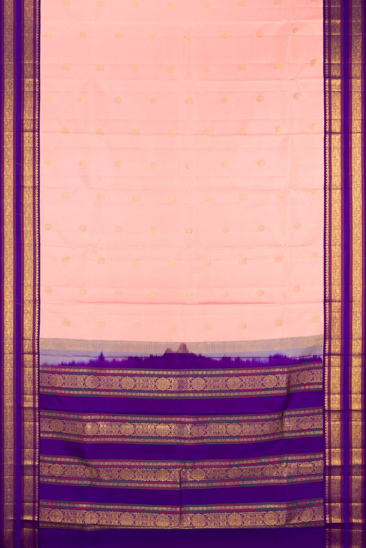 Flat view of Pure Silk Peach Kanjivaram Saree with Zari Butta on the body and Zari Border. 
