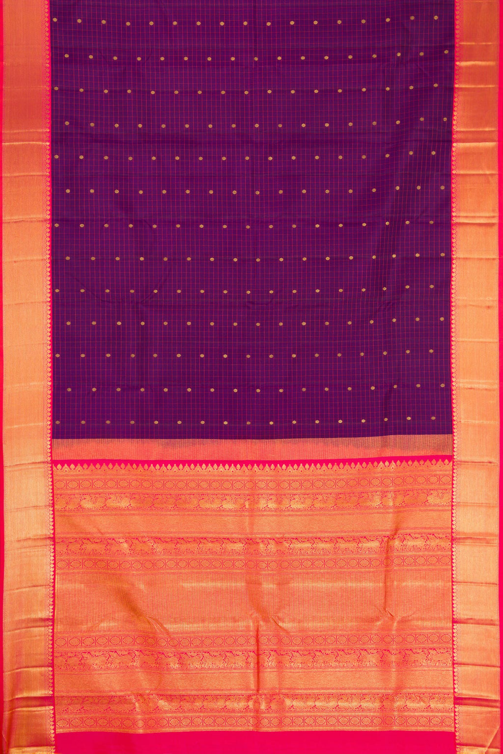 Flat view of Purple Dual Tone Kanjivaram Silk Saree with Checked design on the body and Zari Border. 