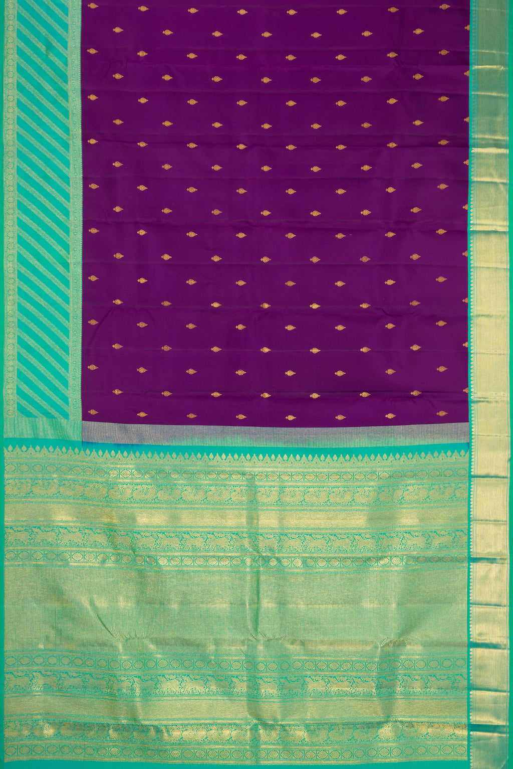 Flat view of Purple Dual Tone Kanjivaram Silk Saree with Zari Butta on the body and Zari Border. 