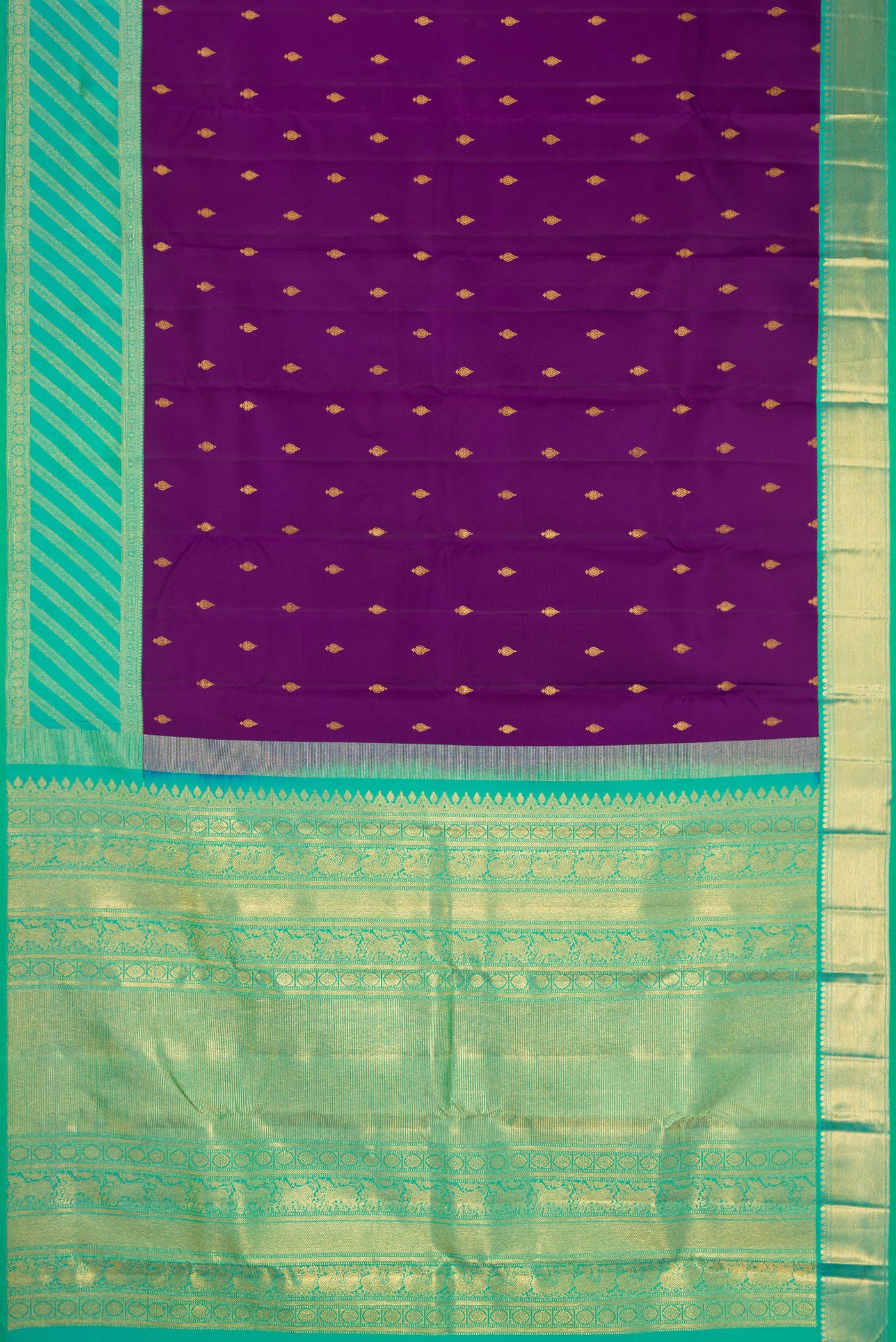 Flat view of Purple Dual Tone Kanjivaram Silk Saree with Zari Butta on the body and Zari Border. 