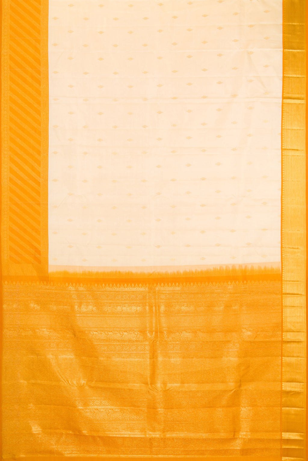 Flat view of Sandal Kanjivaram Silk Saree with Zari Butta on the body and Zari Border. 