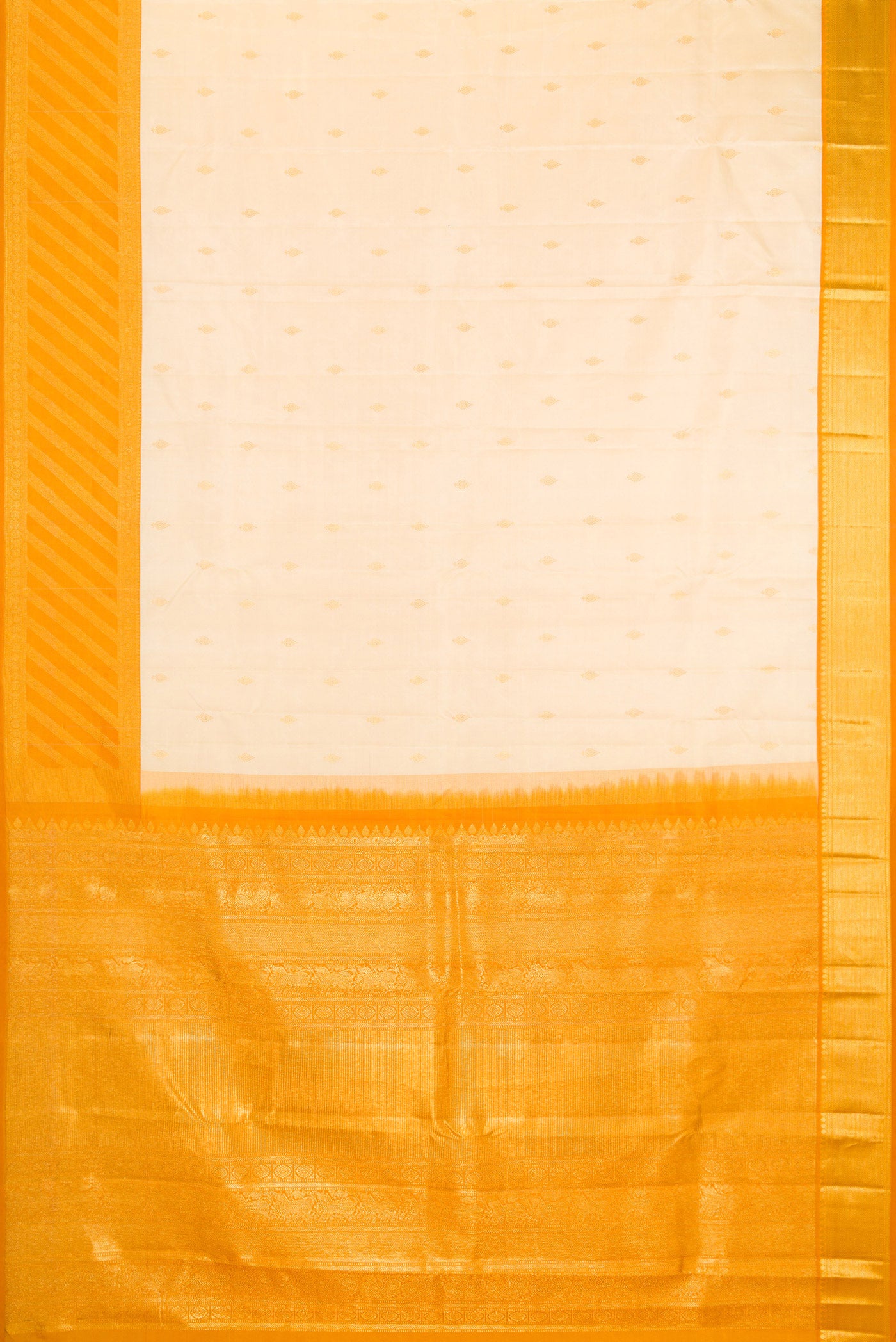 Flat view of Sandal Kanjivaram Silk Saree with Zari Butta on the body and Zari Border. 