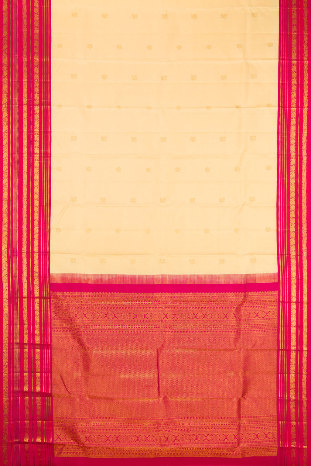 Flat view of Sandal Kanjivaram Silk Saree with Zari Butta on the body and Zari Border. 