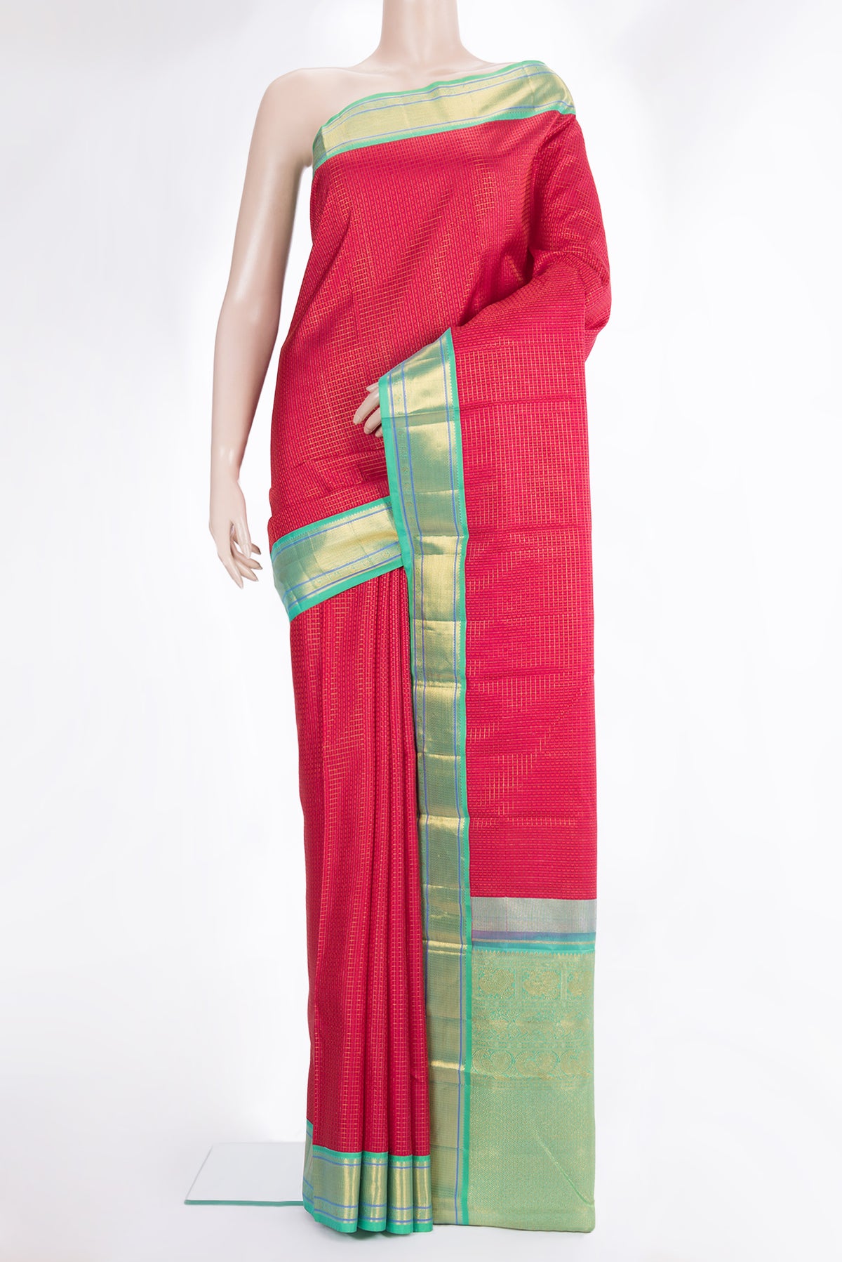 Pure Silk Dark Pink Kanjivaram Saree with Jacquard With Zari Butta on the body and Zari Border.  displayed on a mannequin