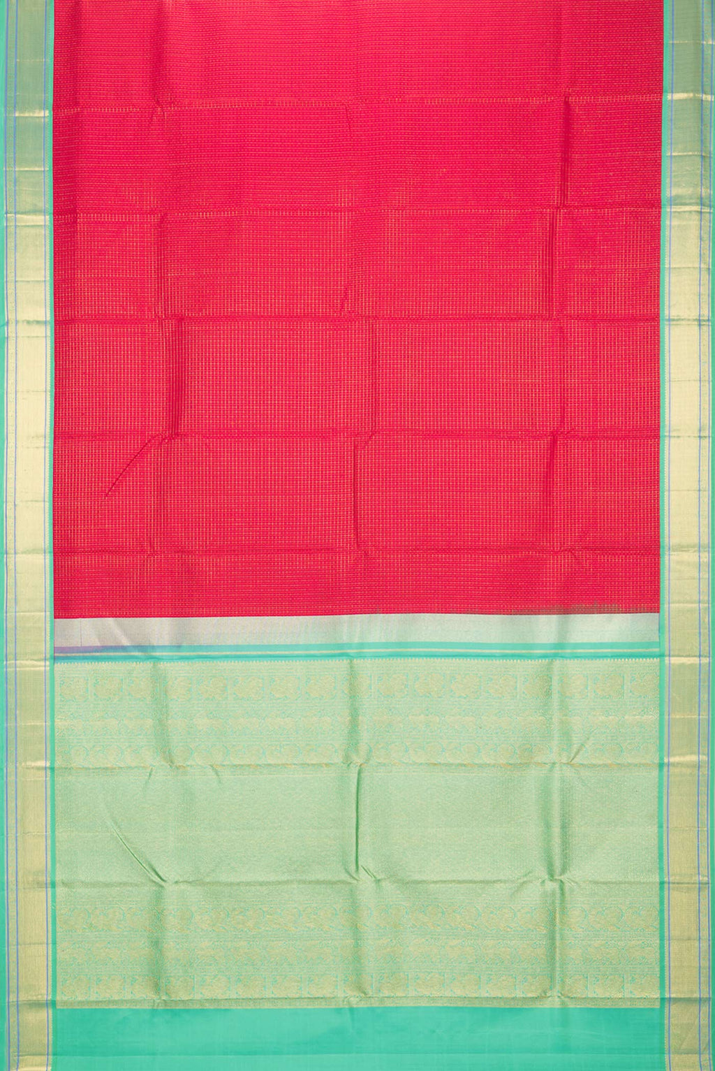 Flat view of Pure Silk Dark Pink Kanjivaram Saree with Jacquard With Zari Butta on the body and Zari Border. 