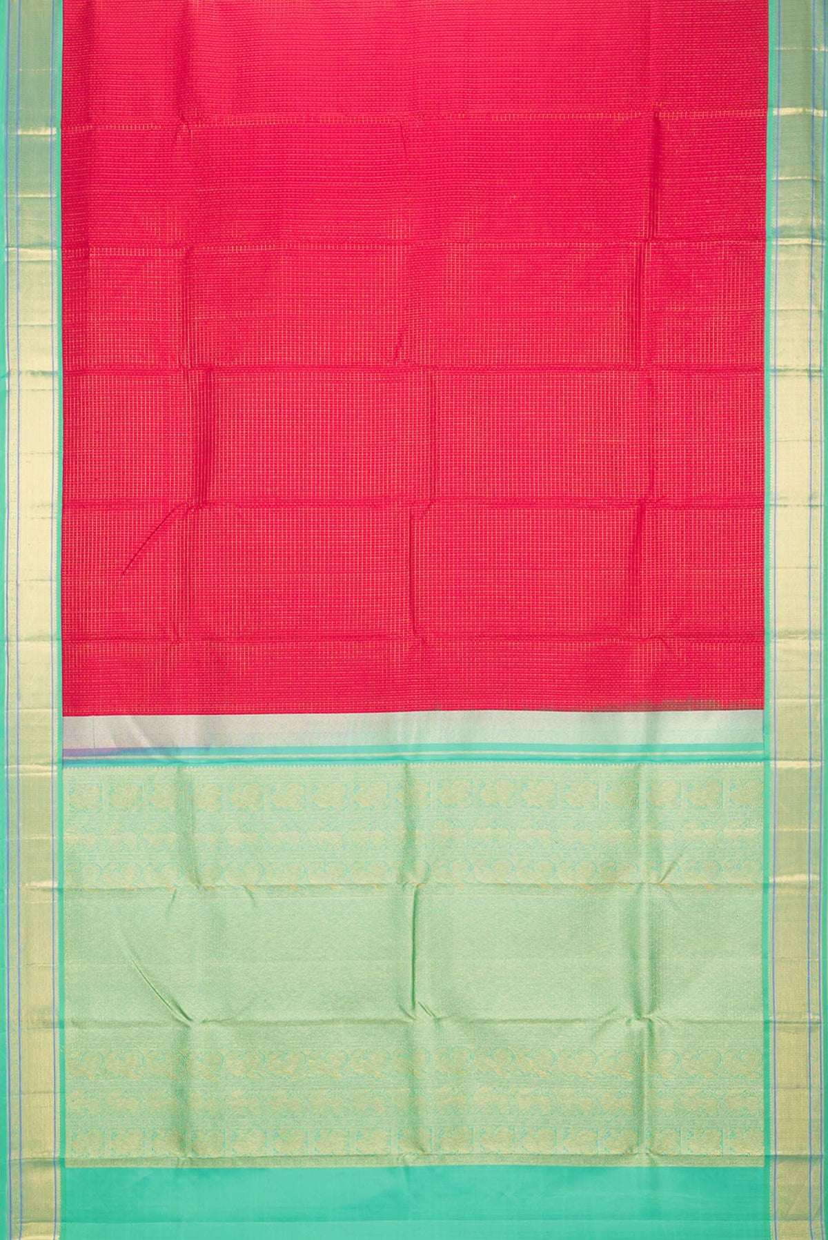 Flat view of Pure Silk Dark Pink Kanjivaram Saree with Jacquard With Zari Butta on the body and Zari Border. 