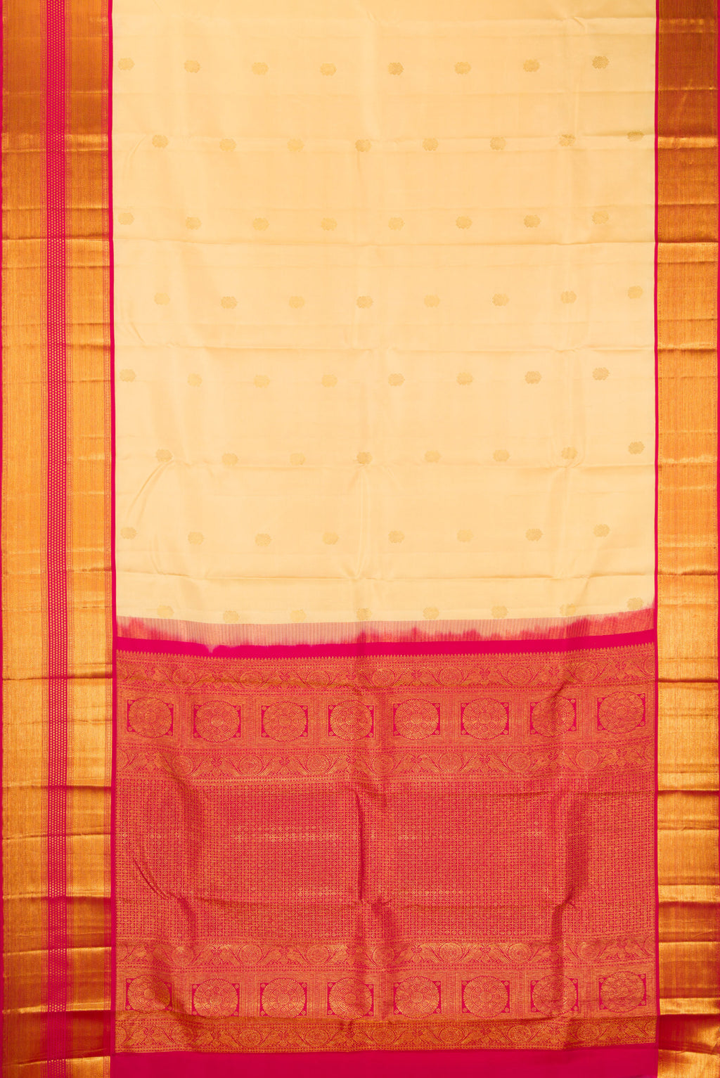 Flat view of Pure Silk Sandal Kanjivaram Saree with Zari Butta on the body and Zari Border. 