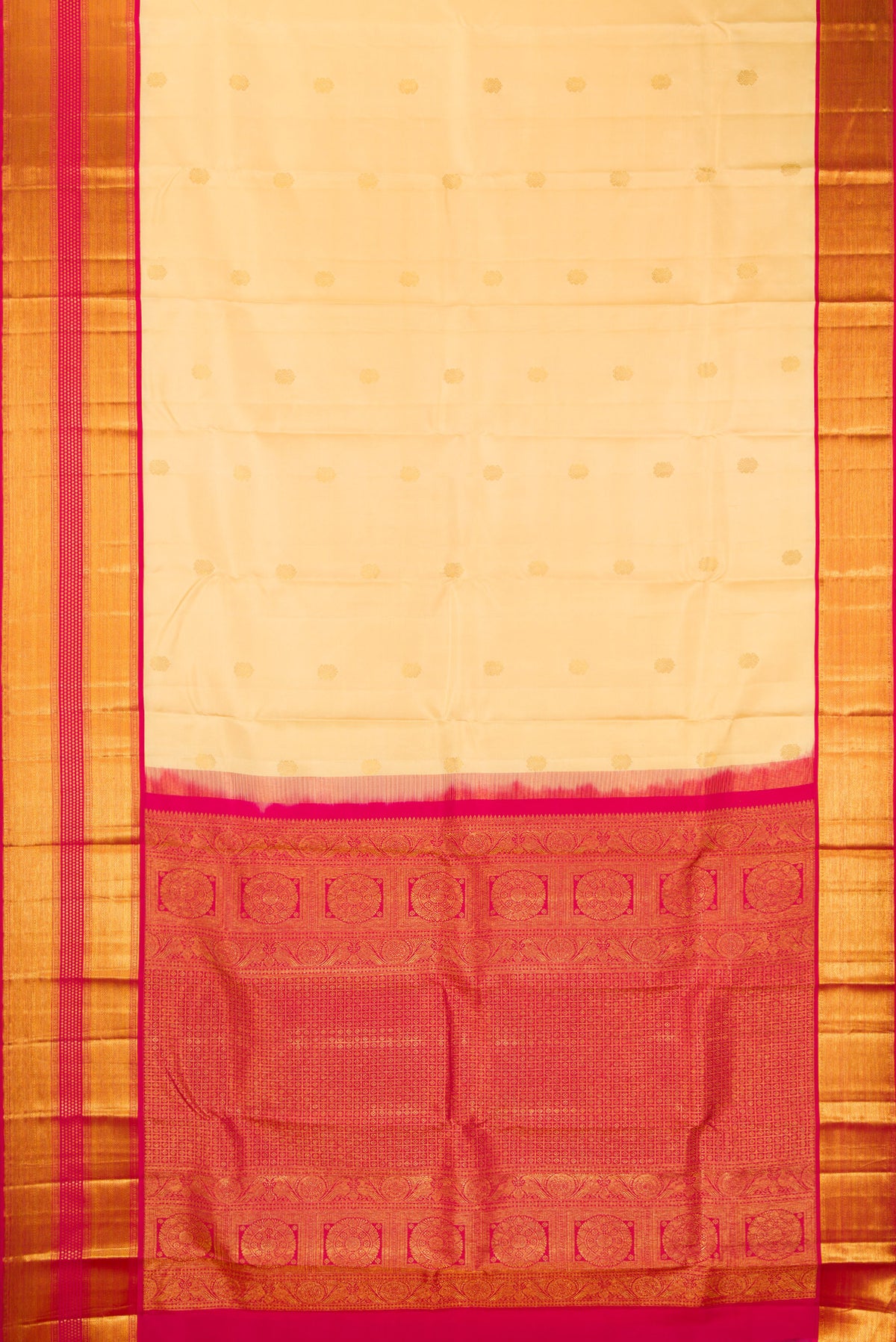 Flat view of Pure Silk Sandal Kanjivaram Saree with Zari Butta on the body and Zari Border. 