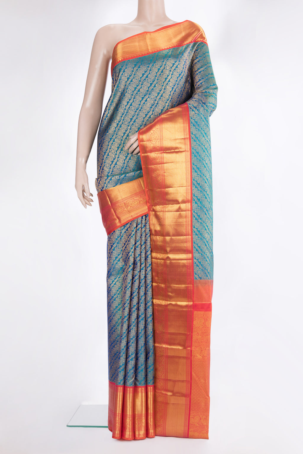 Pure Silk Peacock Blue Dual Tone Kanjivaram Saree with Zari Brocade on the body and Zari Border.  displayed on a mannequin
