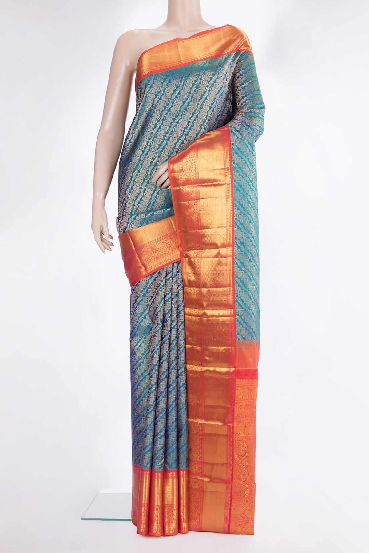 Pure Silk Peacock Blue Dual Tone Kanjivaram Saree with Zari Brocade on the body and Zari Border.  displayed on a mannequin