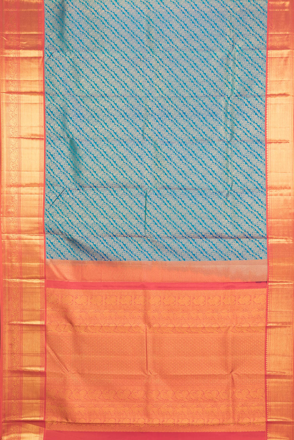 Flat view of Pure Silk Peacock Blue Dual Tone Kanjivaram Saree with Zari Brocade on the body and Zari Border. 