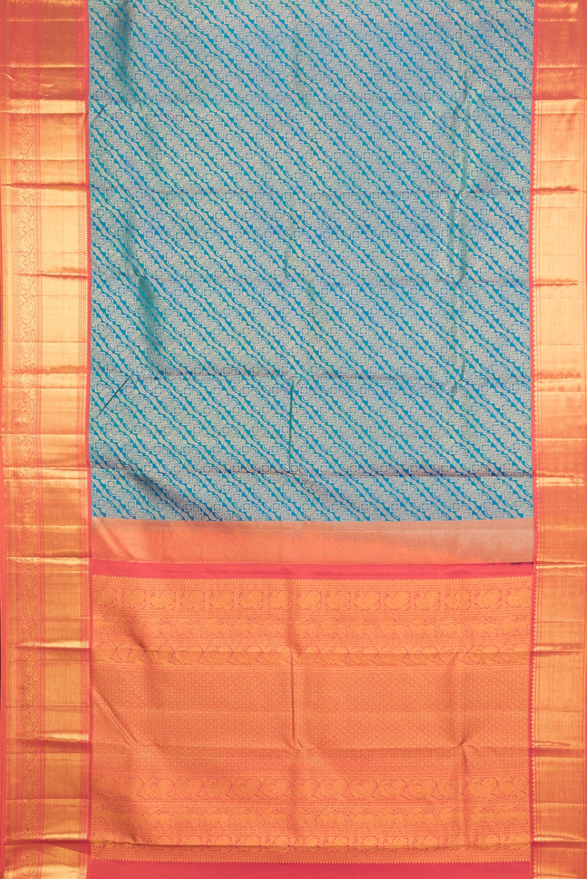 Flat view of Pure Silk Peacock Blue Dual Tone Kanjivaram Saree with Zari Brocade on the body and Zari Border. 