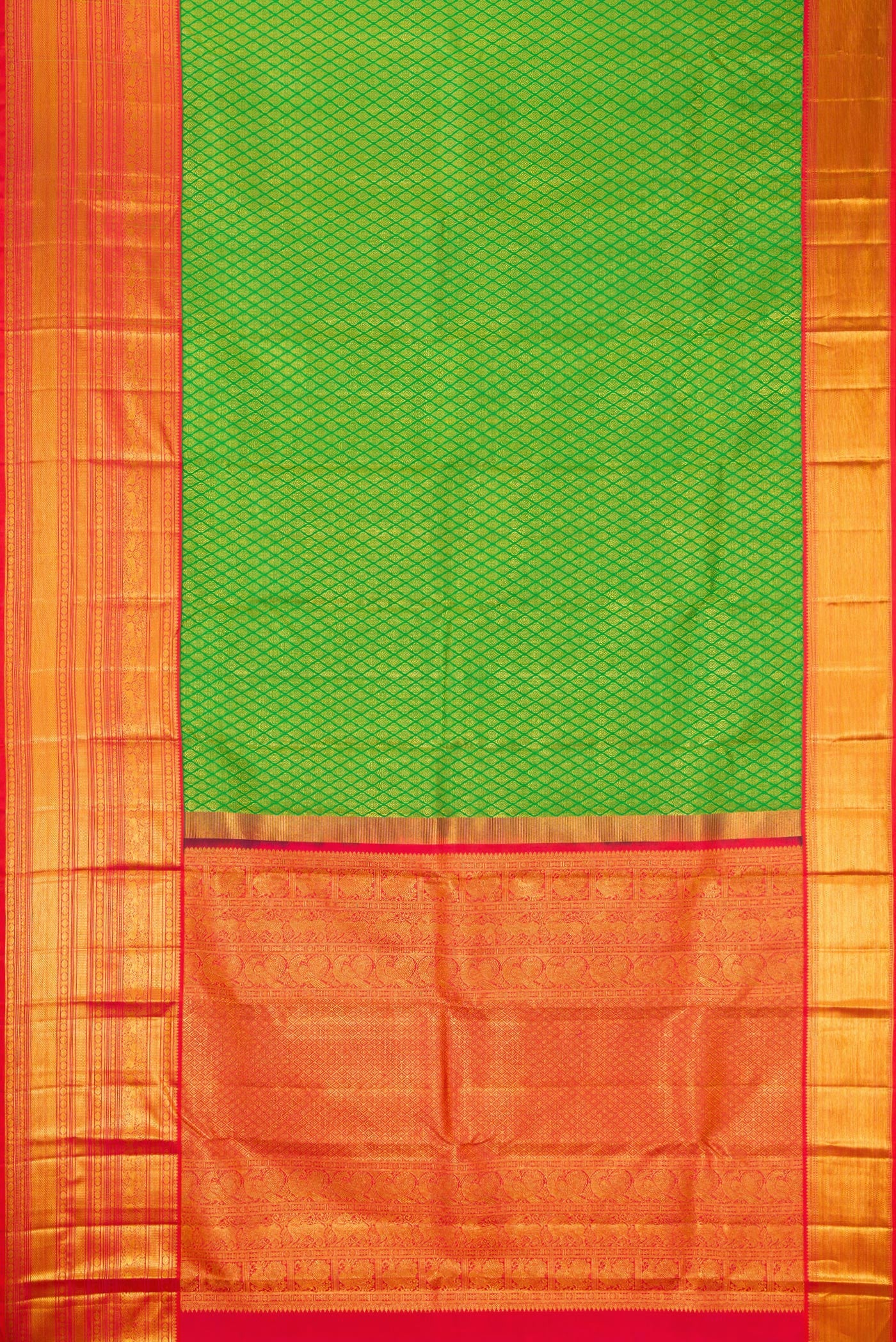 Flat view of Green Kanjivaram Silk Saree with Zari Brocade on the body and Zari Border. 
