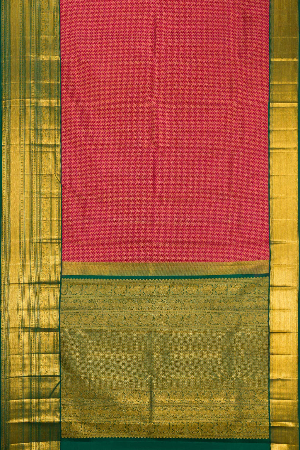 Flat view of Dark Pink Kanjivaram Silk Saree with Zari Brocade on the body and Zari Border. 