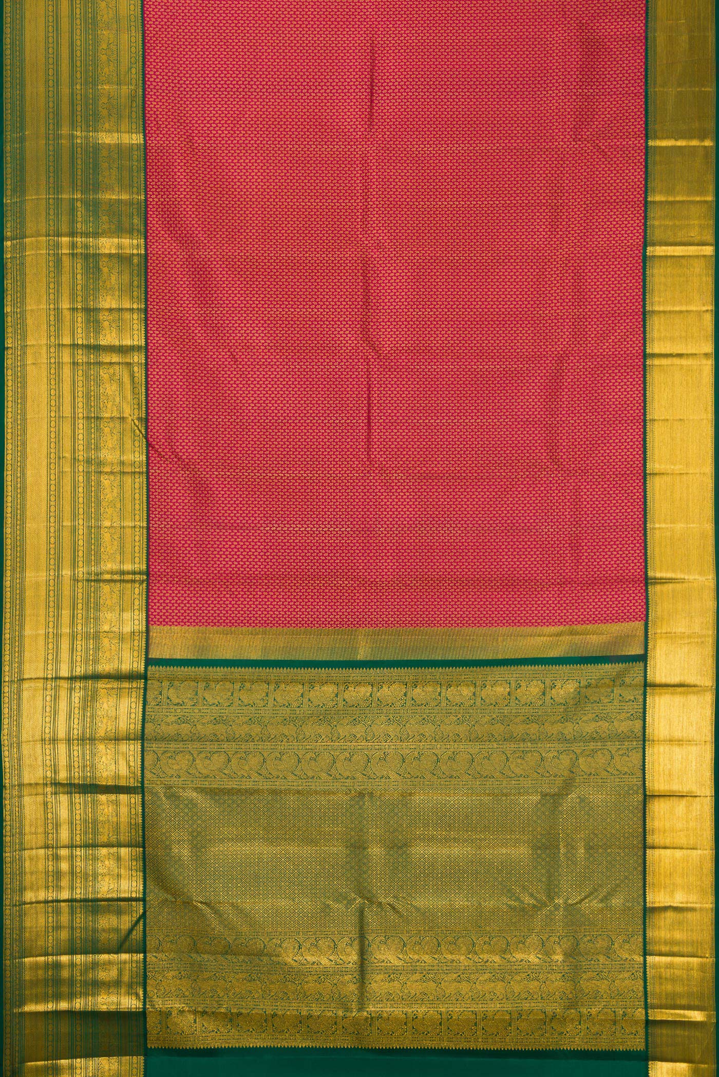 Flat view of Dark Pink Kanjivaram Silk Saree with Zari Brocade on the body and Zari Border. 